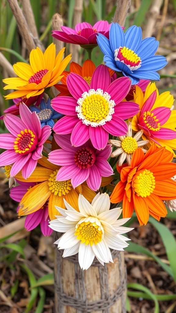 Colorful corn husk flowers in a rustic vase, showcasing handmade craftsmanship.